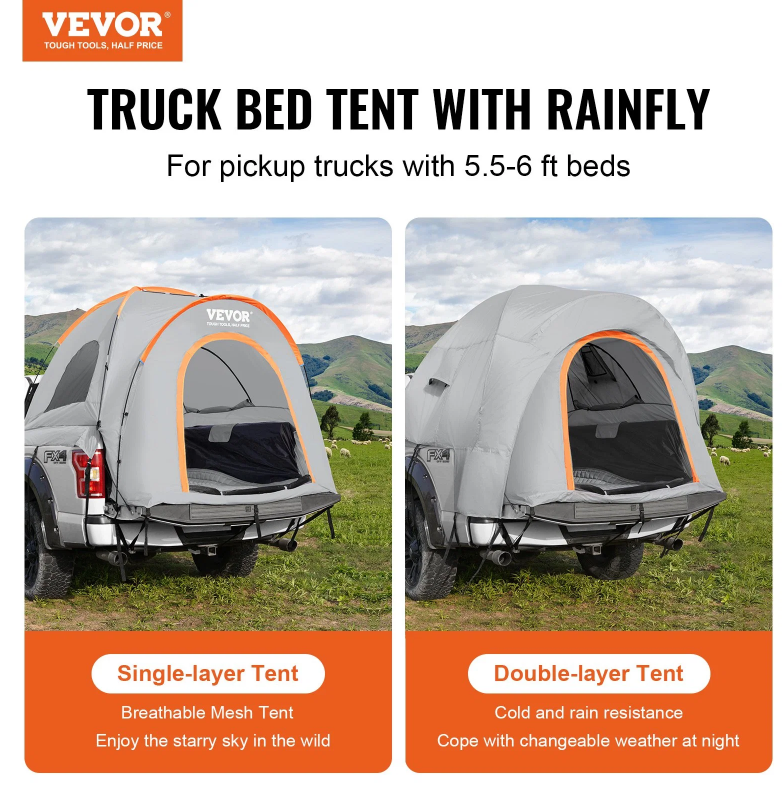 Truck Bed Tent for 5.5'-6' Pickup Trucks - Waterproof PU2000mm Double Layer with Rain Layer & Carry Bag, Ideal for Camping, Accommodates 2-3 People for Outdoor Adventures - Image 4