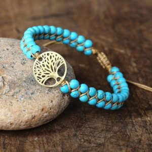 Bohemian Ethnic Style Turquoise Bracelet - Adjustable Double Layer Tree-of-Life Yoga Bracelet for Women