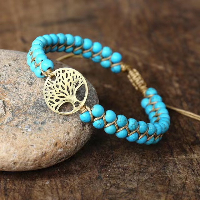 Bohemian Ethnic Style Turquoise Bracelet - Adjustable Double Layer Tree-of-Life Yoga Bracelet for Women
