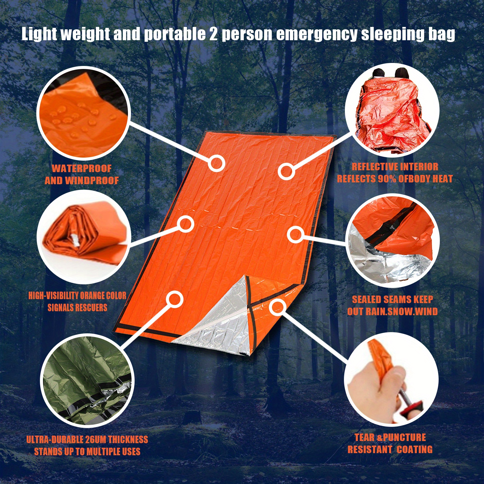 Portable Lightweight Emergency Sleeping Bag & Blanket Tent - Thermal Bivy Sack for Camping, Hiking, and Outdoor Adventures - Windproof, Waterproof Survival Blanket - Image 2
