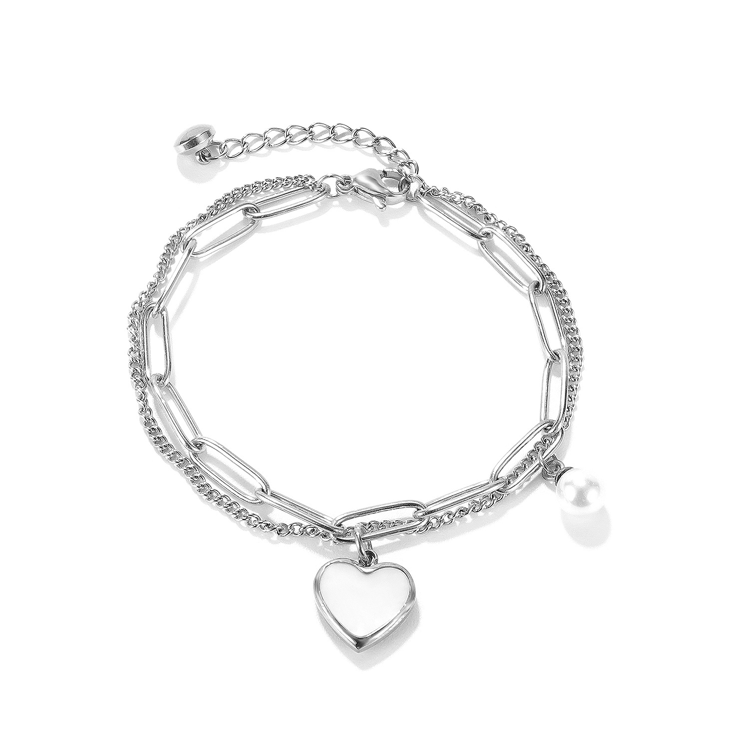 Trendy Niche Design, Stylish Double Temperament, Versatile Peach Heart Pearl Stainless Steel Bracelet