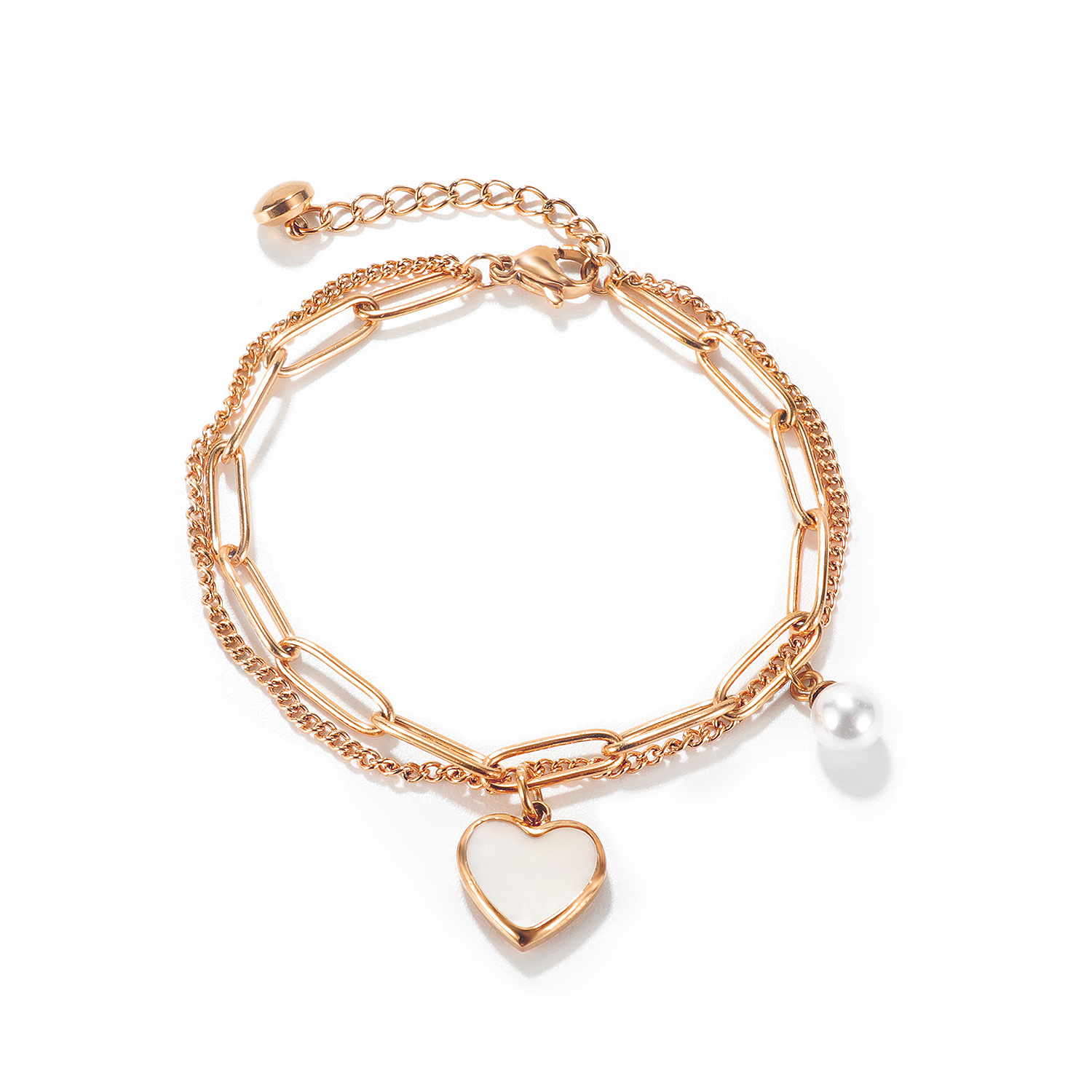 Trendy Niche Design, Stylish Double Temperament, Versatile Peach Heart Pearl Stainless Steel Bracelet - Image 2