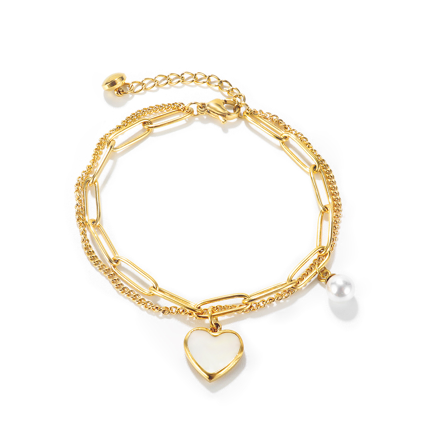 Trendy Niche Design, Stylish Double Temperament, Versatile Peach Heart Pearl Stainless Steel Bracelet - Image 3