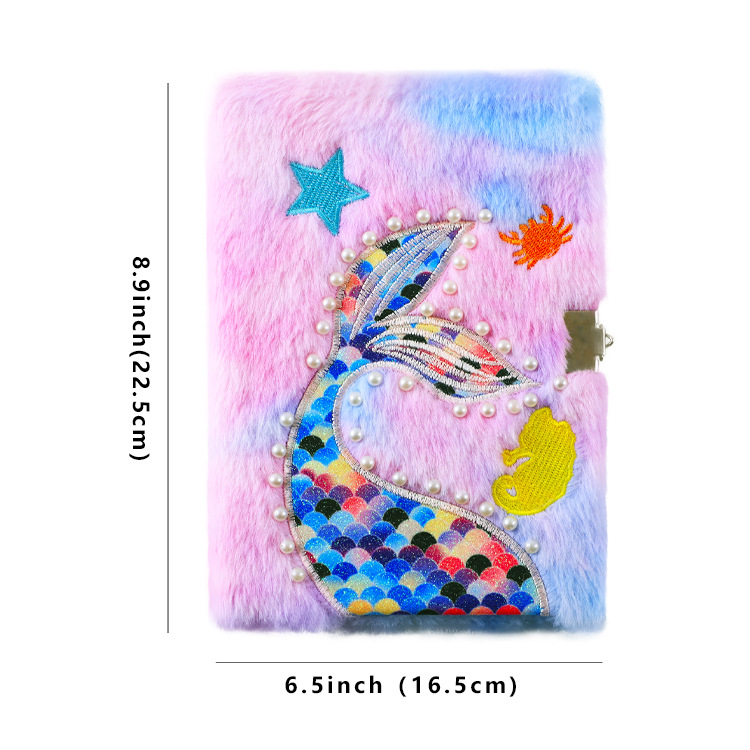 Adorable Cartoon Fishtail Pearl Plush Notebook for Kids with Lock - Image 4