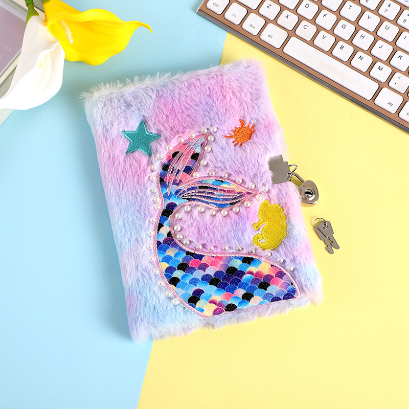 Adorable Cartoon Fishtail Pearl Plush Notebook for Kids with Lock - Image 5