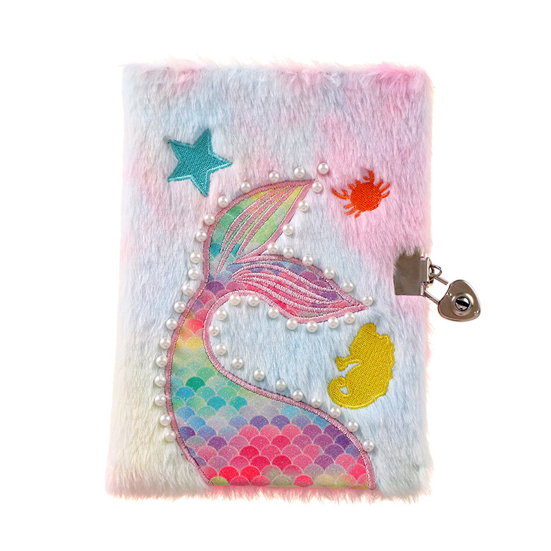 Adorable Cartoon Fishtail Pearl Plush Notebook for Kids with Lock - Image 6