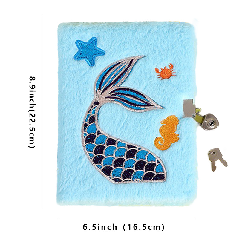 Adorable Cartoon Fishtail Pearl Plush Notebook for Kids with Lock - Image 7
