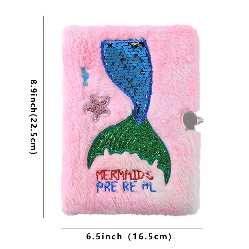 Adorable Cartoon Fishtail Pearl Plush Notebook for Kids with Lock - Image 8