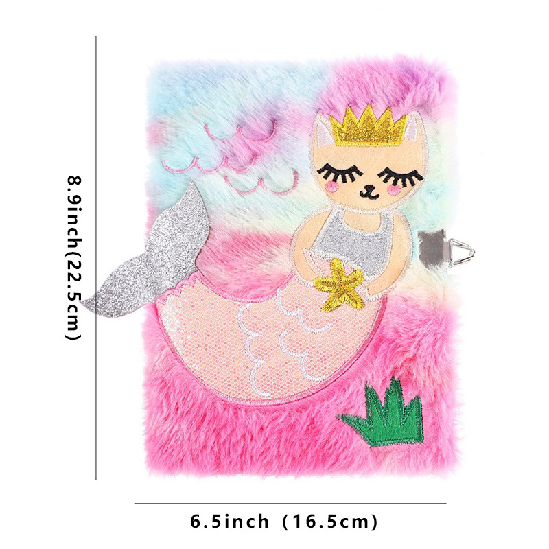 Adorable Cartoon Fishtail Pearl Plush Notebook for Kids with Lock - Image 9