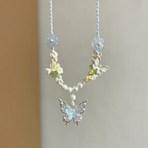 Elegant Women's Crystal Blue Butterfly Necklace - Hand-Knitted Rope Accessory