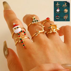6pcs Santa Claus Christmas Tree Elk Rings - Cute Cartoon Adjustable Oil Drop Jewelry