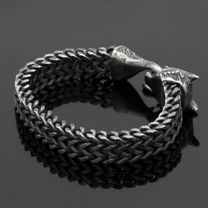 Stylish Men's Stainless Steel Vintage Black Wolf Head Cuban Chain Bracelet - Fashionable Wristband Jewelry for Wholesale Gifts & Accessories