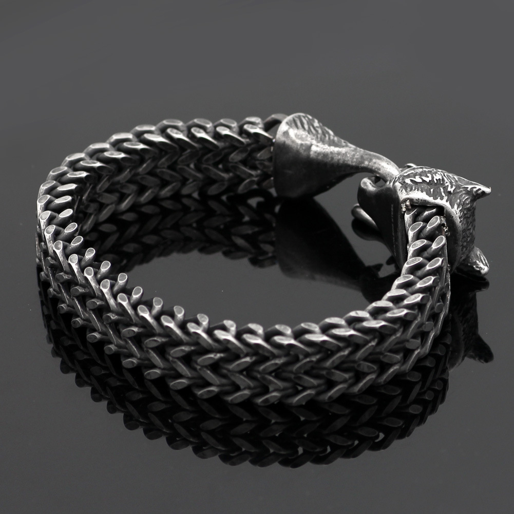 Stylish Men's Stainless Steel Vintage Black Wolf Head Cuban Chain Bracelet - Fashionable Wristband Jewelry for Wholesale Gifts & Accessories