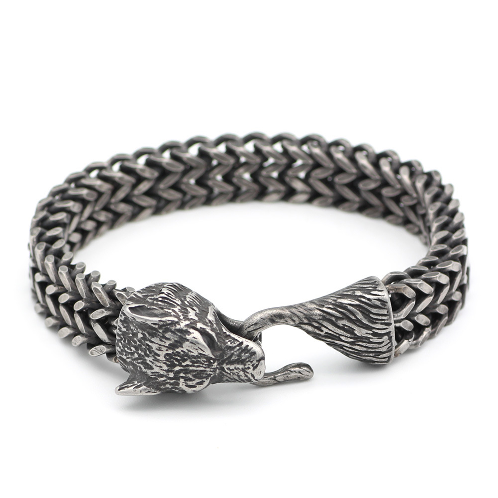 Stylish Men's Stainless Steel Vintage Black Wolf Head Cuban Chain Bracelet - Fashionable Wristband Jewelry for Wholesale Gifts & Accessories - Image 2