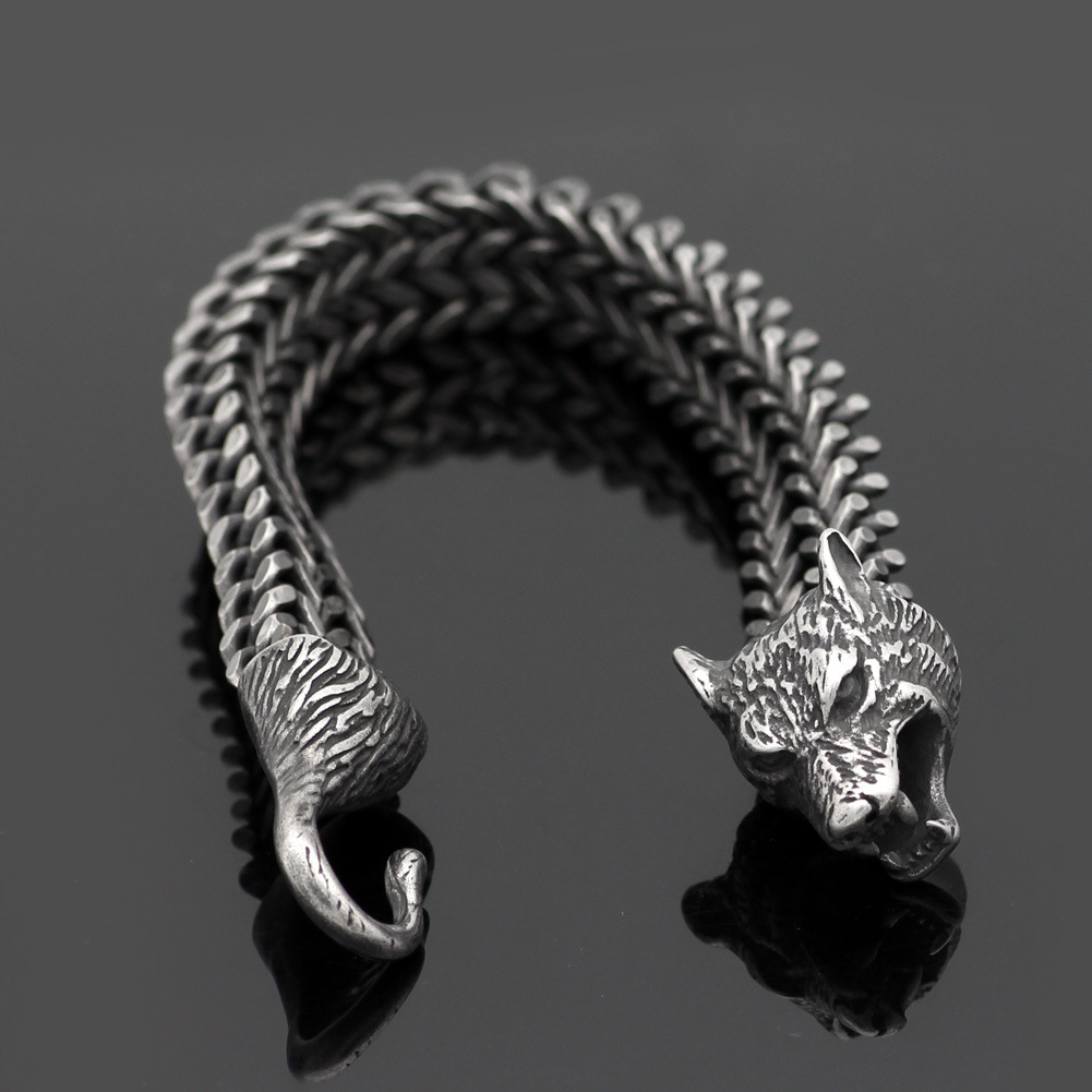 Stylish Men's Stainless Steel Vintage Black Wolf Head Cuban Chain Bracelet - Fashionable Wristband Jewelry for Wholesale Gifts & Accessories - Image 4