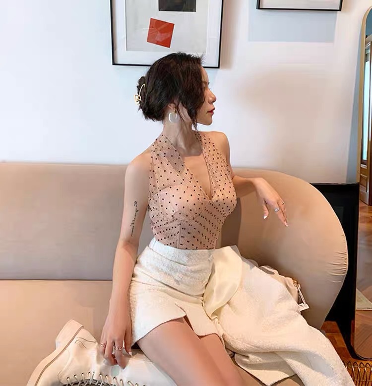 Polka Dot Mesh Fishbone Top with Halter Bottom Design - Slim Sling Style - Image 6