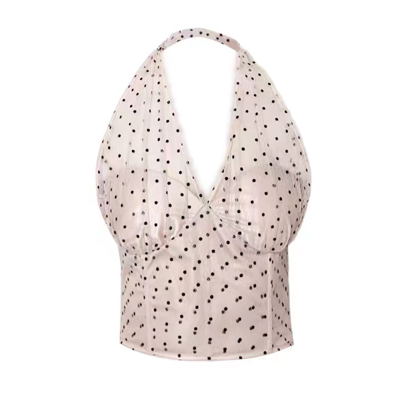 Polka Dot Mesh Fishbone Top with Halter Bottom Design - Slim Sling Style - Image 7