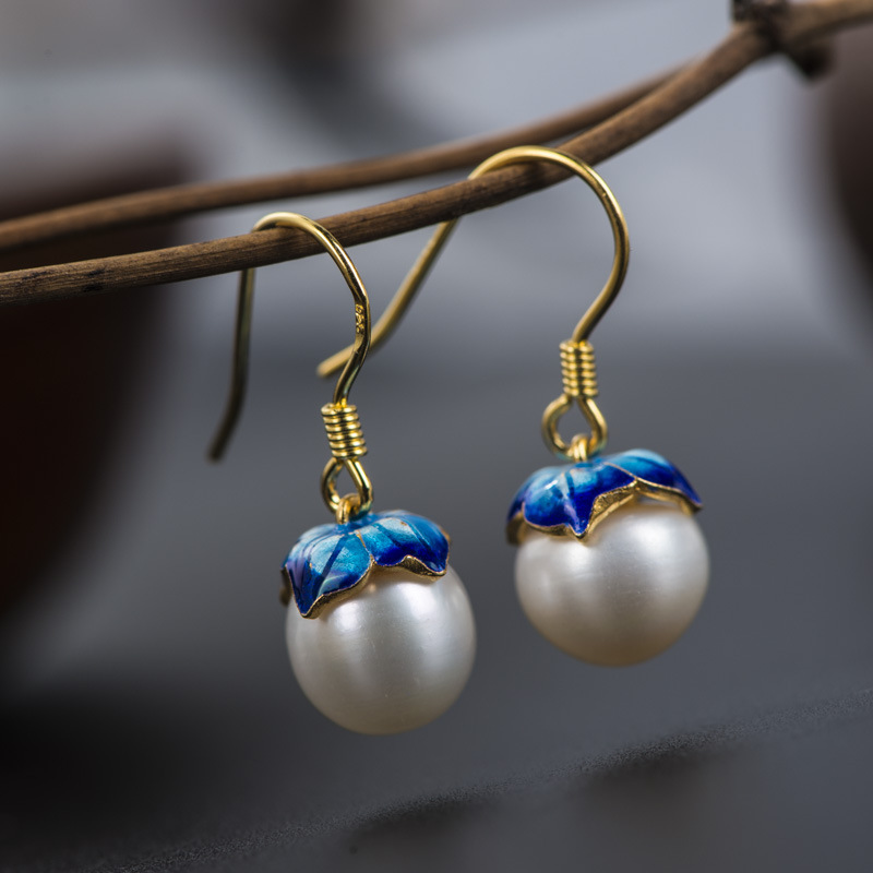 Cloisonne 925 Silver Earrings - Sukhothai Gold Jewelry Design with Freshwater Pearls, Lotus Style for Women, Wholesale - Image 2