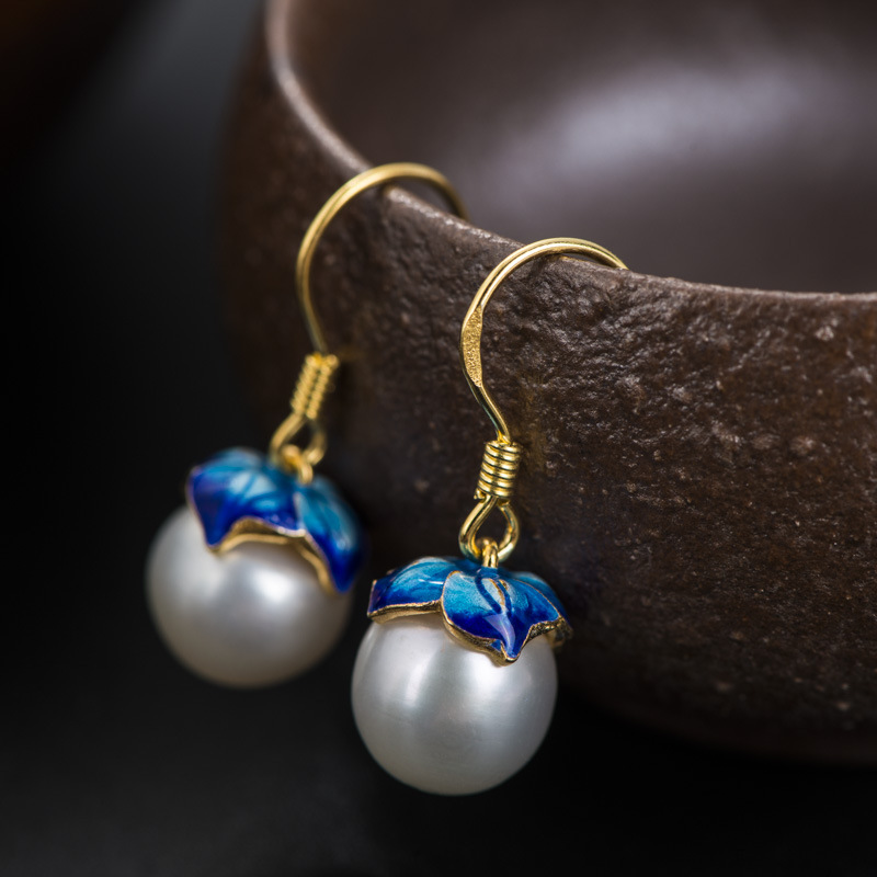 Cloisonne 925 Silver Earrings - Sukhothai Gold Jewelry Design with Freshwater Pearls, Lotus Style for Women, Wholesale - Image 3