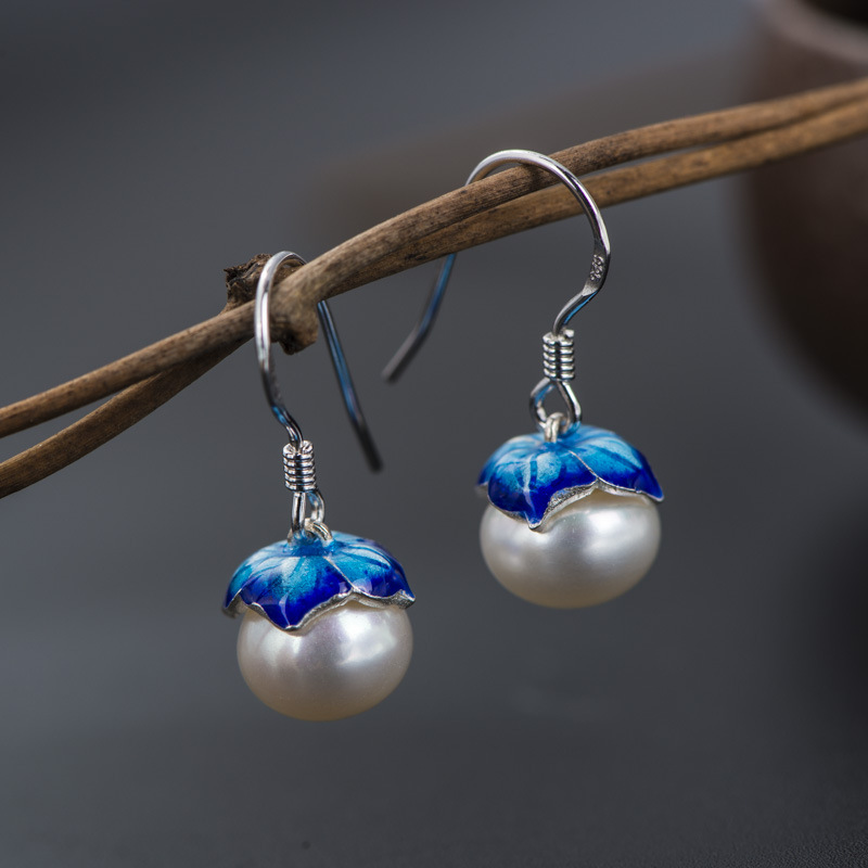 Cloisonne 925 Silver Earrings - Sukhothai Gold Jewelry Design with Freshwater Pearls, Lotus Style for Women, Wholesale - Image 5