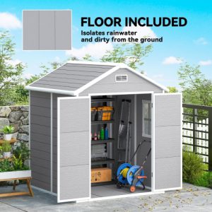 Outsunny 6 x 5ft Garden Shed - Durable Plastic Tool Shed with Floor, Window, Lockable Doors & Vents, Wood Effect Resin for Outdoor Patio, Dark Grey