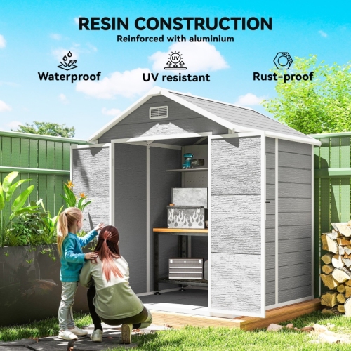 Outsunny 6 x 5ft Garden Shed - Durable Plastic Tool Shed with Floor, Window, Lockable Doors & Vents, Wood Effect Resin for Outdoor Patio, Dark Grey - Image 8