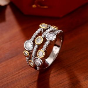 Stylish Two-tone Hollow Geometry Ring with Line Dot Diamond Accents