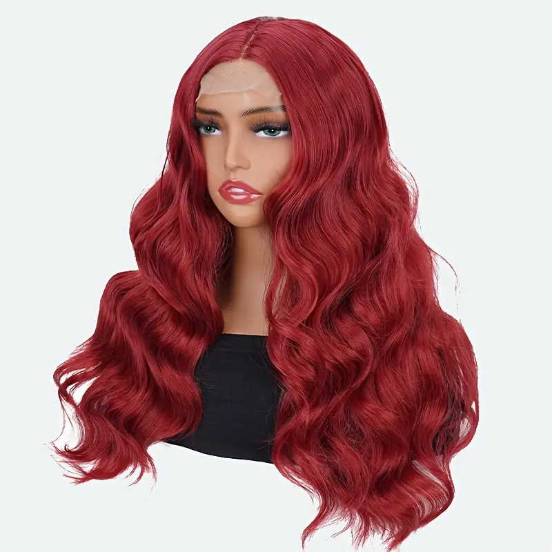 Chic 24 Inch Red Wavy Synthetic Wig for Women - 4x1 Front Lace, High Temperature Fiber, Middle Part, Natural Appearance, Breathable & Comfortable, Perfect for Cosplay and Everyday Wear, Suitable for All Ethnicities - Image 4