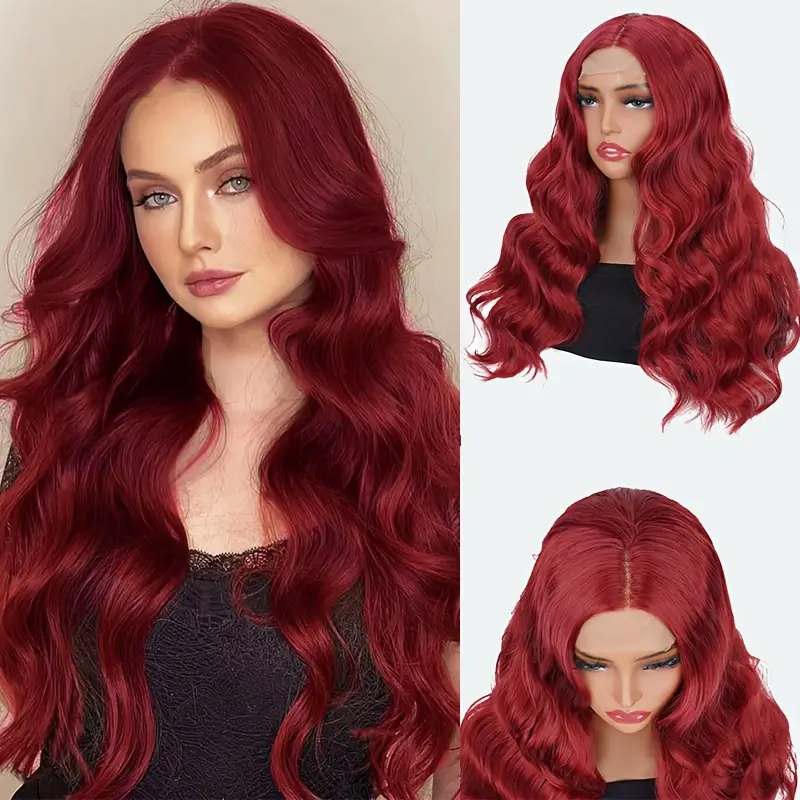 Chic 24 Inch Red Wavy Synthetic Wig for Women - 4x1 Front Lace, High Temperature Fiber, Middle Part, Natural Appearance, Breathable & Comfortable, Perfect for Cosplay and Everyday Wear, Suitable for All Ethnicities - Image 5