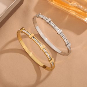 Elegant Double Layer Geometric Open Bracelet with Simple Zircon Design