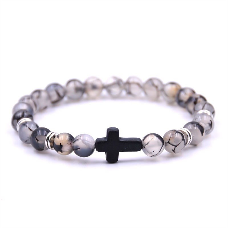Stylish Natural Stone Black Cross Elastic Wire Bracelet for Trendy Looks - Image 2