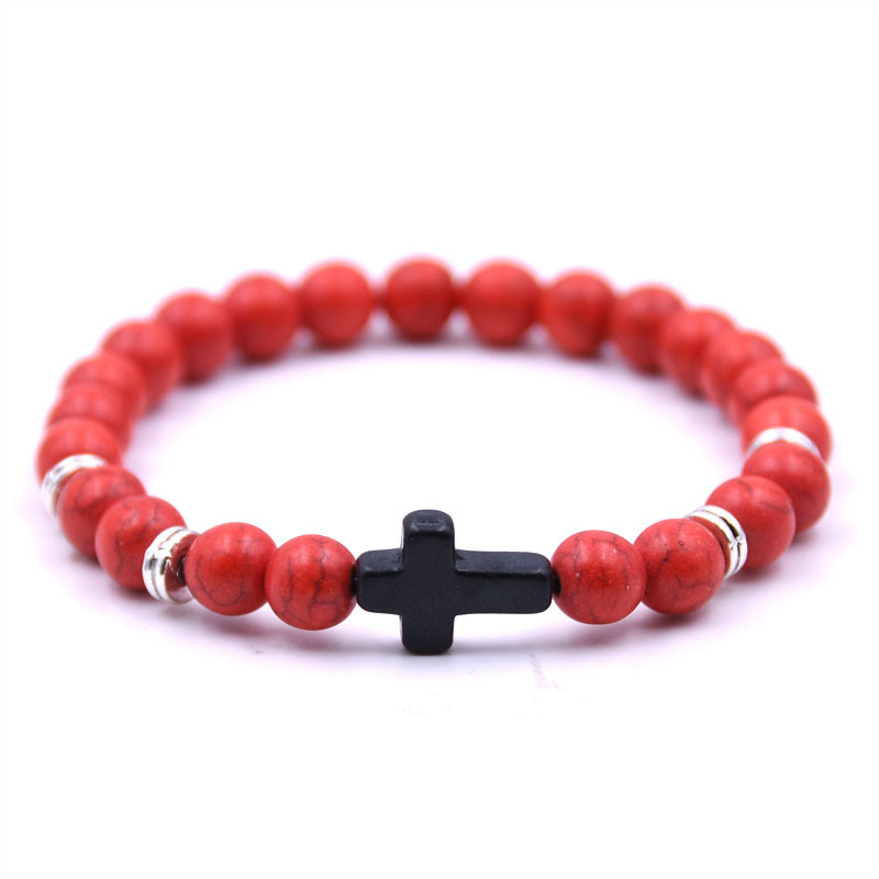 Stylish Natural Stone Black Cross Elastic Wire Bracelet for Trendy Looks - Image 3
