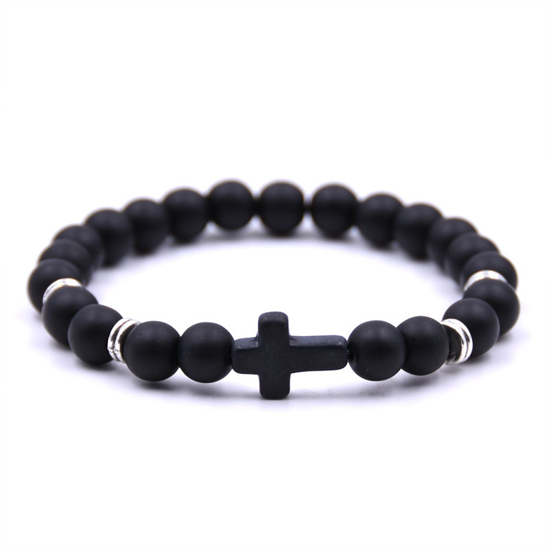 Stylish Natural Stone Black Cross Elastic Wire Bracelet for Trendy Looks - Image 4