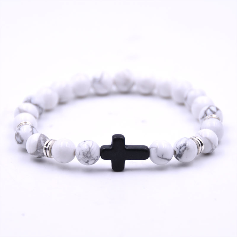 Stylish Natural Stone Black Cross Elastic Wire Bracelet for Trendy Looks - Image 10