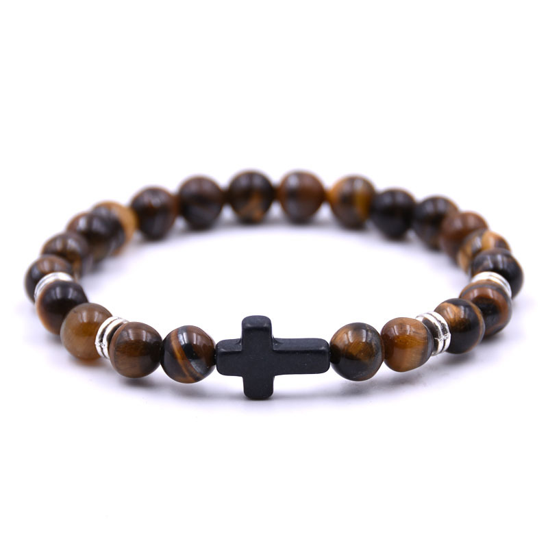 Stylish Natural Stone Black Cross Elastic Wire Bracelet for Trendy Looks - Image 11