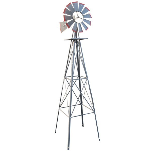 Grey and Red 4-Pod Standing Windmill with Wind Vane – Stylish Outdoor Decor