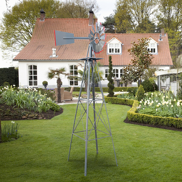 Grey and Red 4-Pod Standing Windmill with Wind Vane – Stylish Outdoor Decor - Image 7