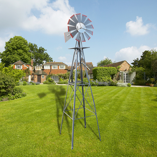 Grey and Red 4-Pod Standing Windmill with Wind Vane – Stylish Outdoor Decor - Image 11