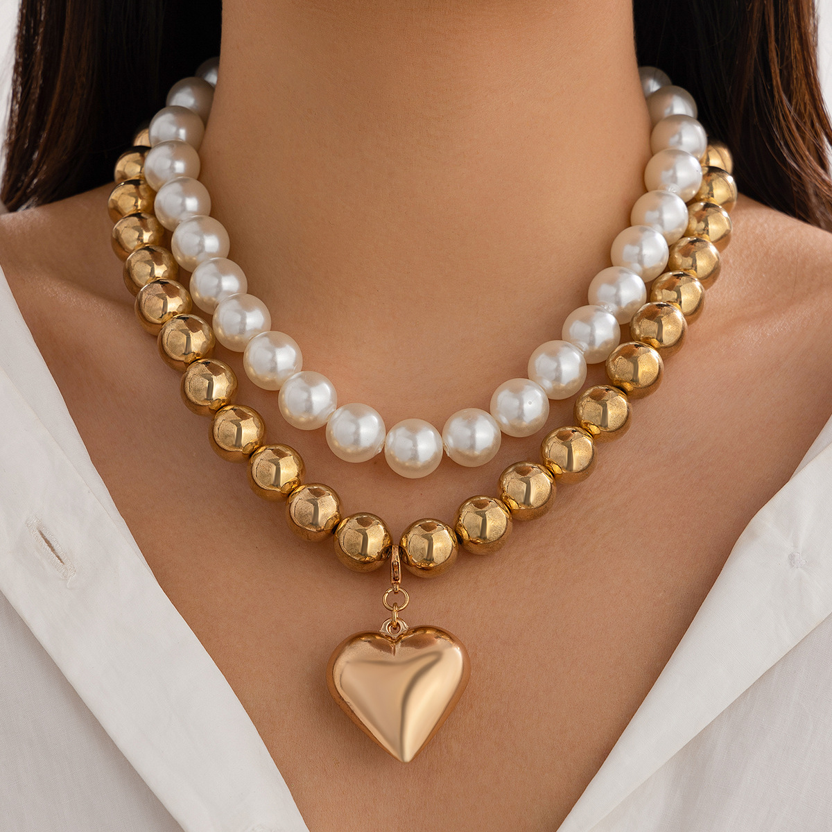 Elegant Pearl Heart Clavicle Chain - Beaded Heart-Shaped Ornament - Image 7