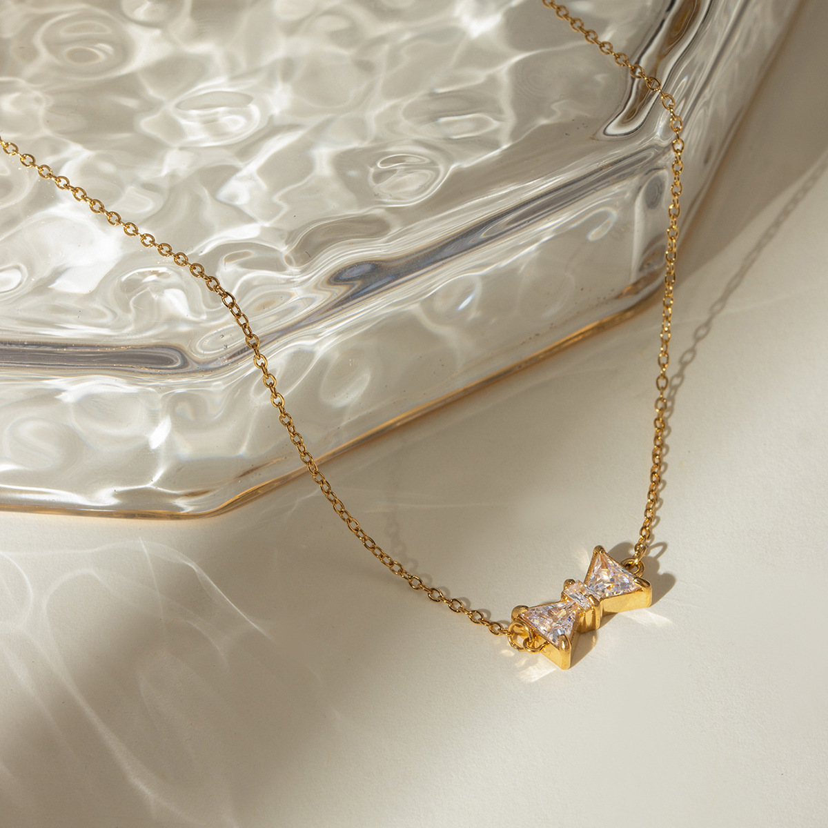 18K Gold Stainless Steel Women's Bow Necklace with Zircon Accent