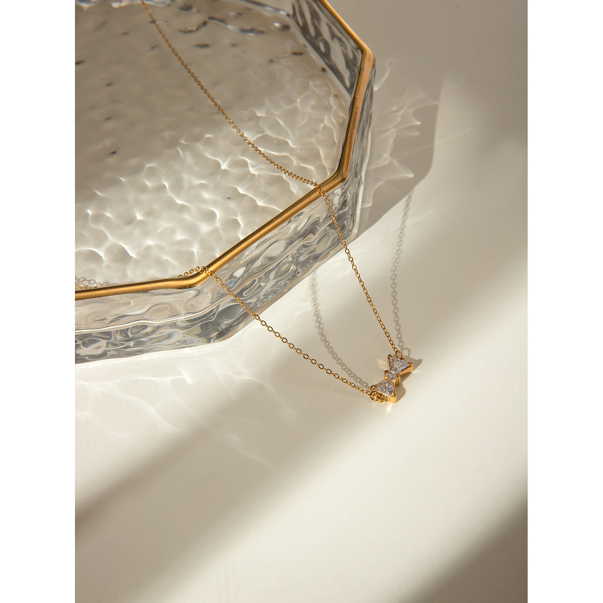 18K Gold Stainless Steel Women's Bow Necklace with Zircon Accent - Image 2