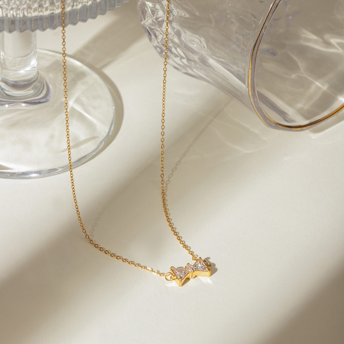 18K Gold Stainless Steel Women's Bow Necklace with Zircon Accent - Image 3