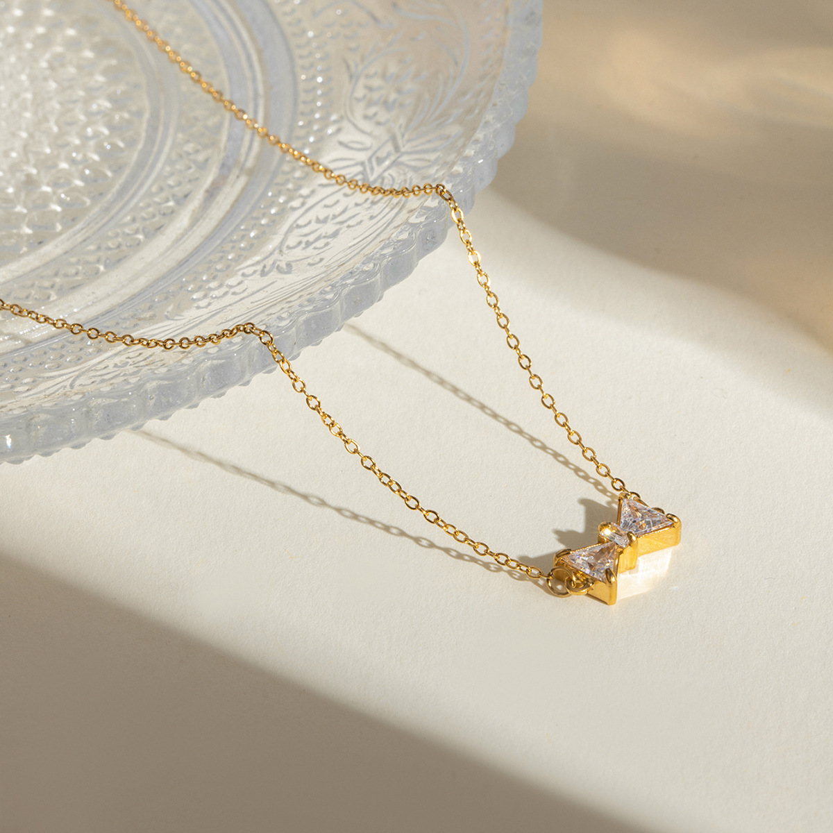 18K Gold Stainless Steel Women's Bow Necklace with Zircon Accent - Image 4