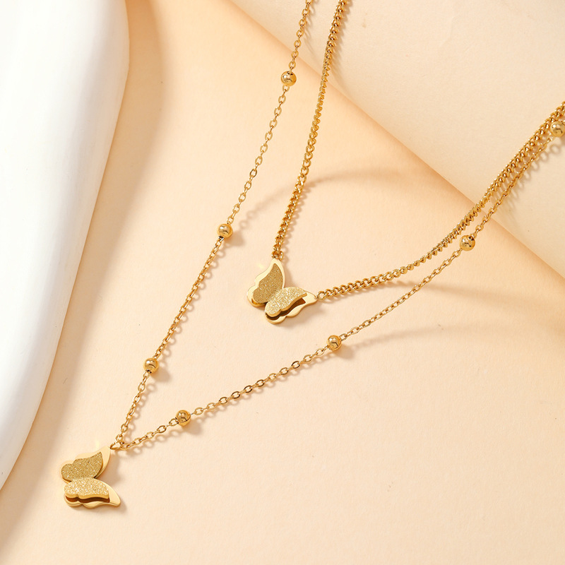 Chic Double-Layer Butterfly Frosted Necklace for Women - Elegant Simplicity