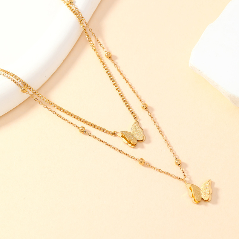 Chic Double-Layer Butterfly Frosted Necklace for Women - Elegant Simplicity - Image 2
