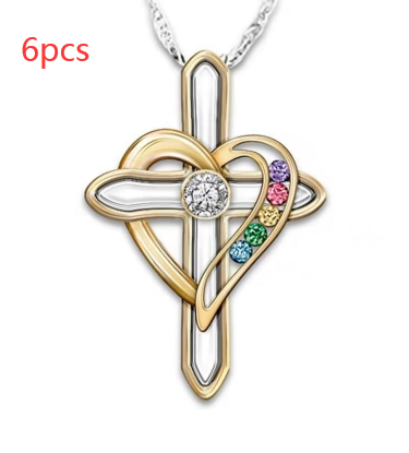 Cross Love Colorful Imitation Gemstone Pendant with Alloy Clavicle Chain