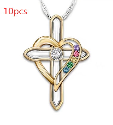 Cross Love Colorful Imitation Gemstone Pendant with Alloy Clavicle Chain - Image 3