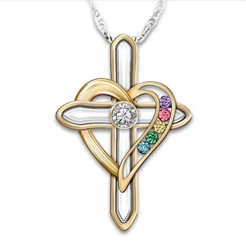Cross Love Colorful Imitation Gemstone Pendant with Alloy Clavicle Chain - Image 6