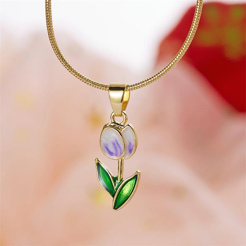 Charming Tulip Flower Drop Oil Necklace and Bracelet Set for Romantic Style - Image 2