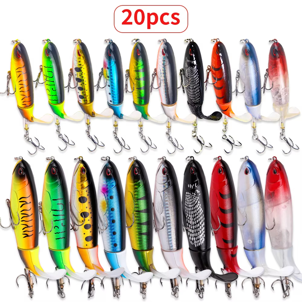 20pcs 1set 13g 35g Topwater Fishing Lures - 20 Popper Baits with 3D Eyes, Durable ABS Plastic Hard Baits for Bass and Pike Fishing